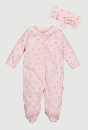 Baby Girls 0-9M Cherry Hearts Footed Onesie with Headband