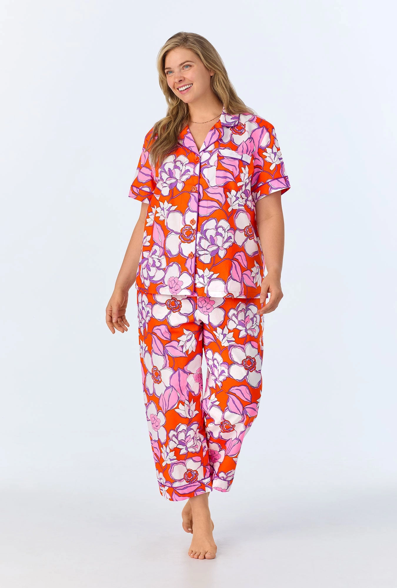 BedHead x Trina Turk Gardenia Short Sleeve Classic Woven Cotton Poplin Cropped PJ Set