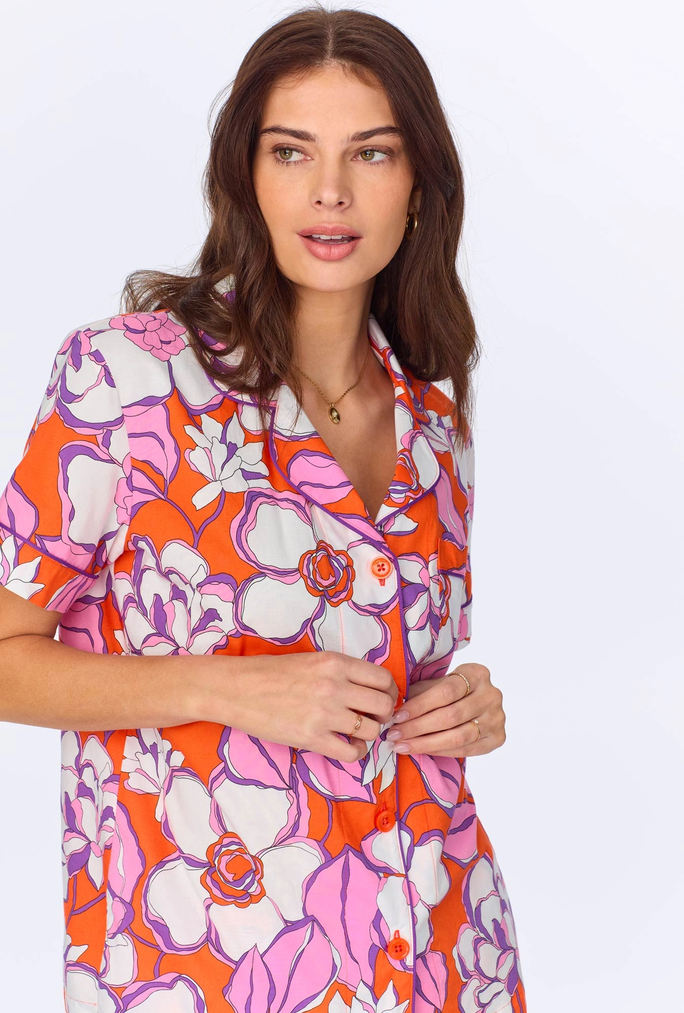 BedHead x Trina Turk Gardenia Short Sleeve Classic Woven Cotton Poplin Cropped PJ Set