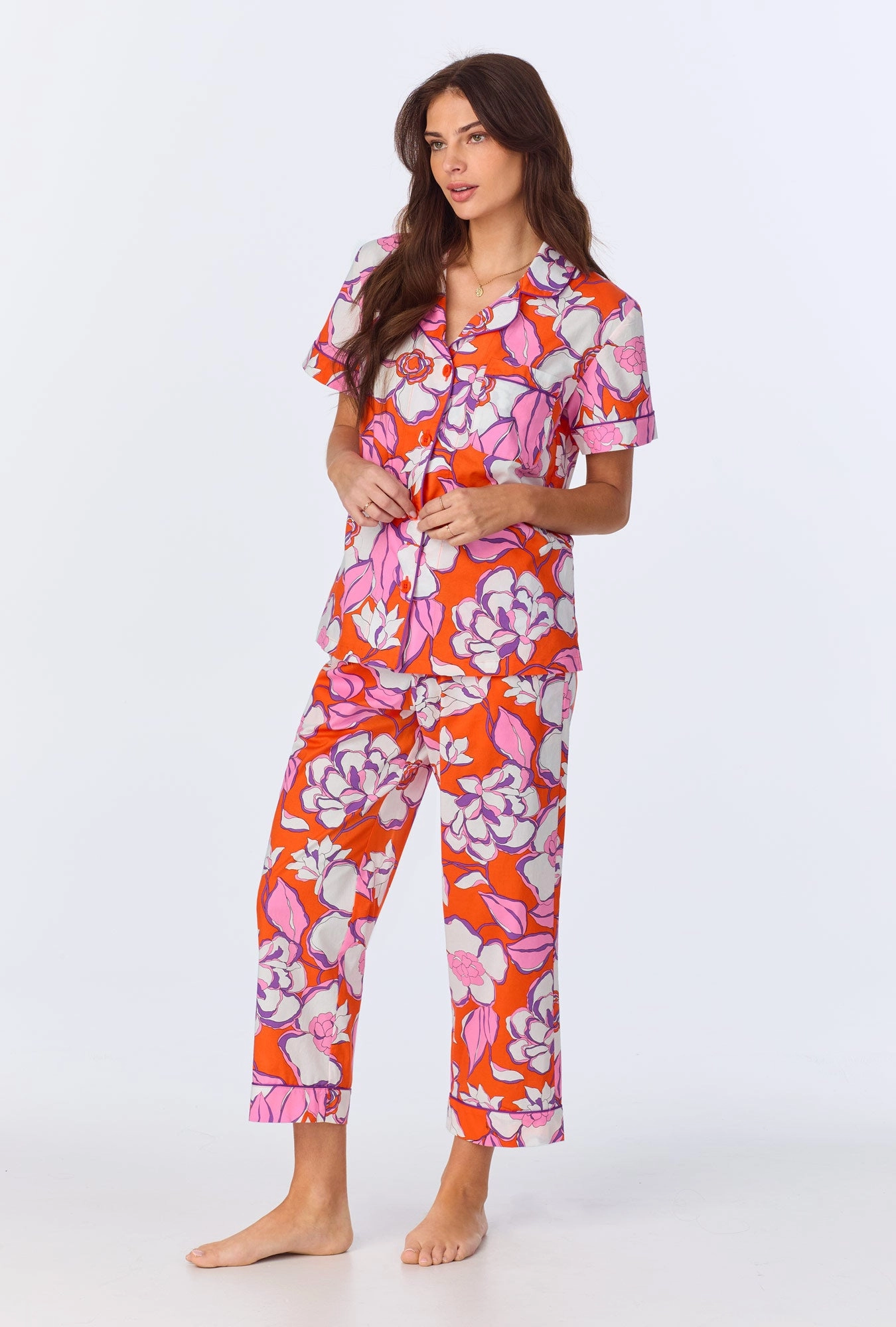 BedHead x Trina Turk Gardenia Short Sleeve Classic Woven Cotton Poplin Cropped PJ Set