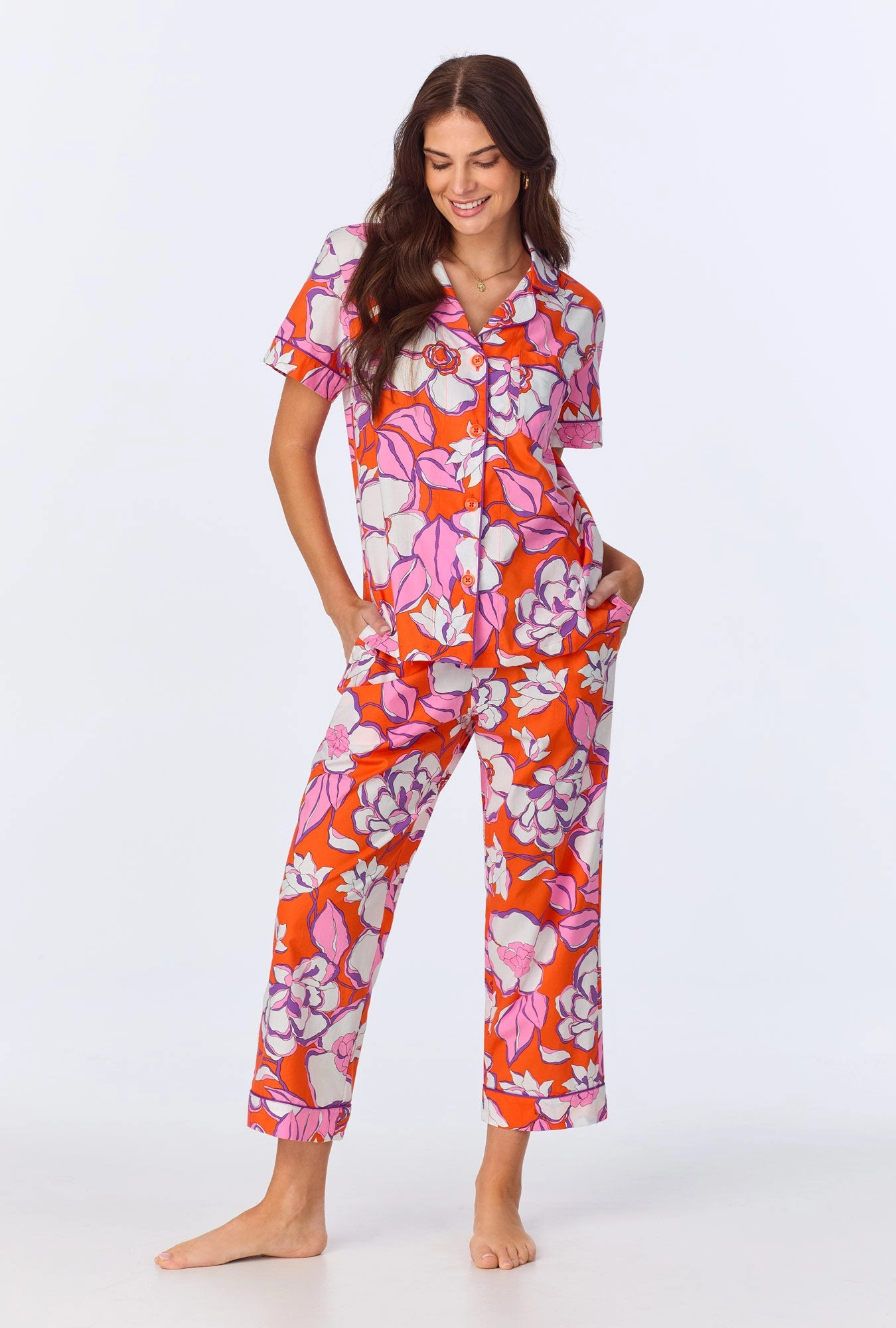 BedHead x Trina Turk Gardenia Short Sleeve Classic Woven Cotton Poplin Cropped PJ Set