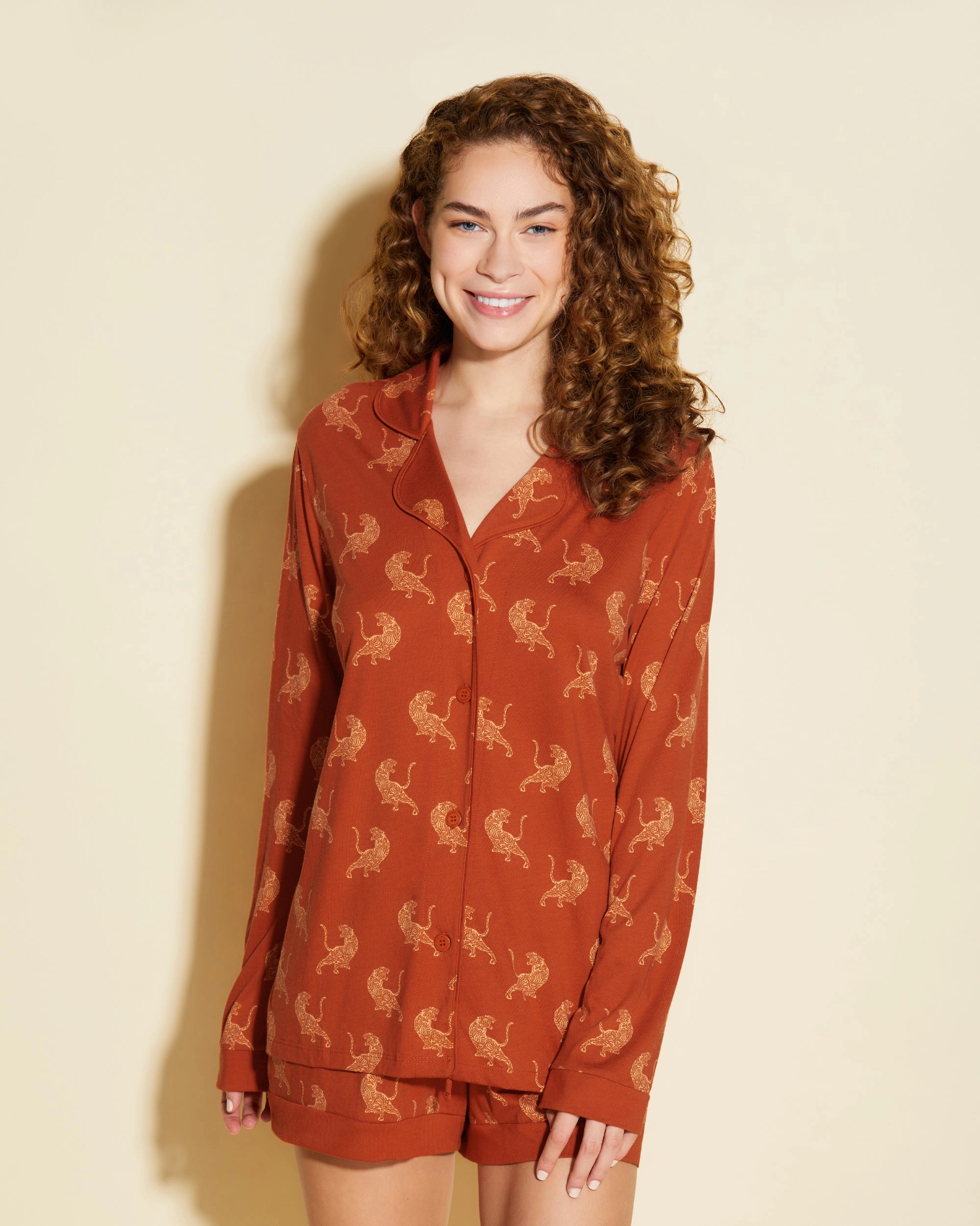 Bedrucktes Langärmeliges Top & Boxer Pyjama-Set