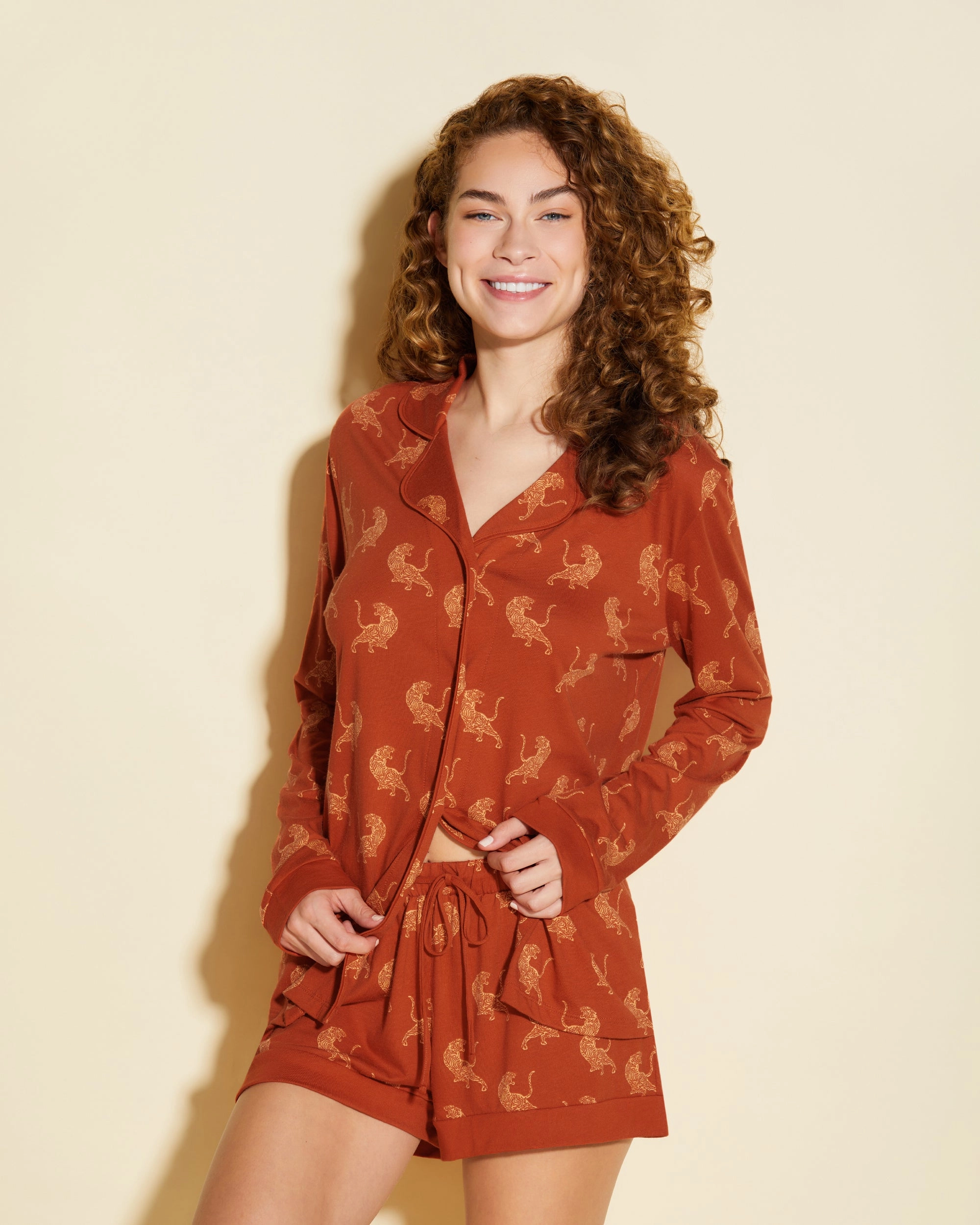 Bedrucktes Langärmeliges Top & Boxer Pyjama-Set