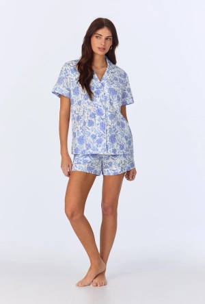Belle Fleur Short Sleeve Classic  Shorty Woven Cotton Poplin PJ Set