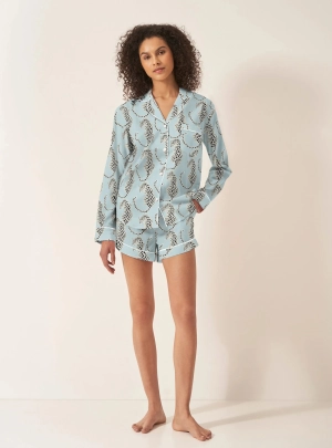 Blue Leopards Women's Long Sleeve Organic Cotton Pyjama Short Set