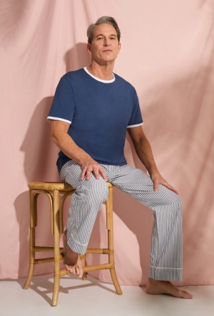 Blue South Shore Stripe Men's Short Sleeve Tee Woven Cotton Poplin PJ Set