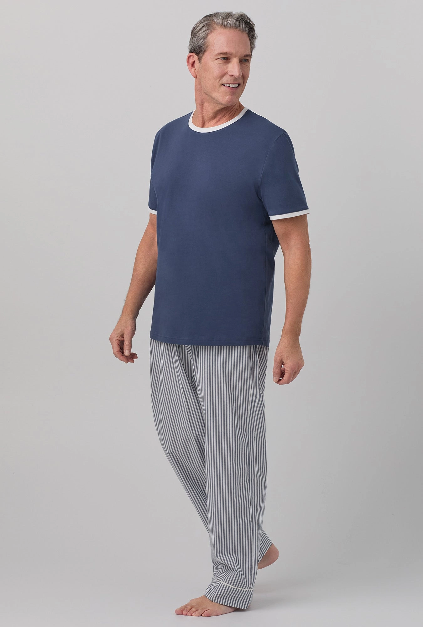 Blue South Shore Stripe Men's Short Sleeve Tee Woven Cotton Poplin PJ Set