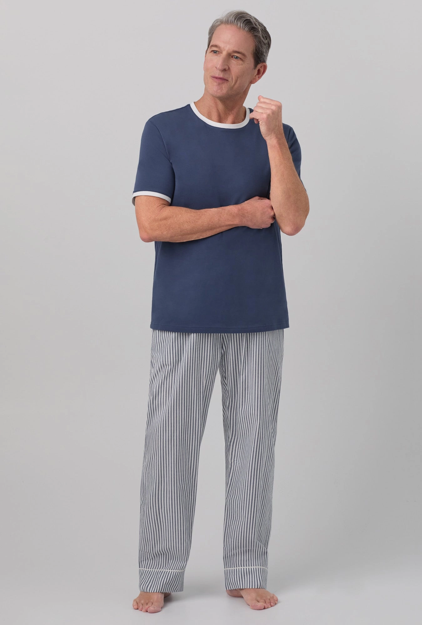 Blue South Shore Stripe Men's Short Sleeve Tee Woven Cotton Poplin PJ Set