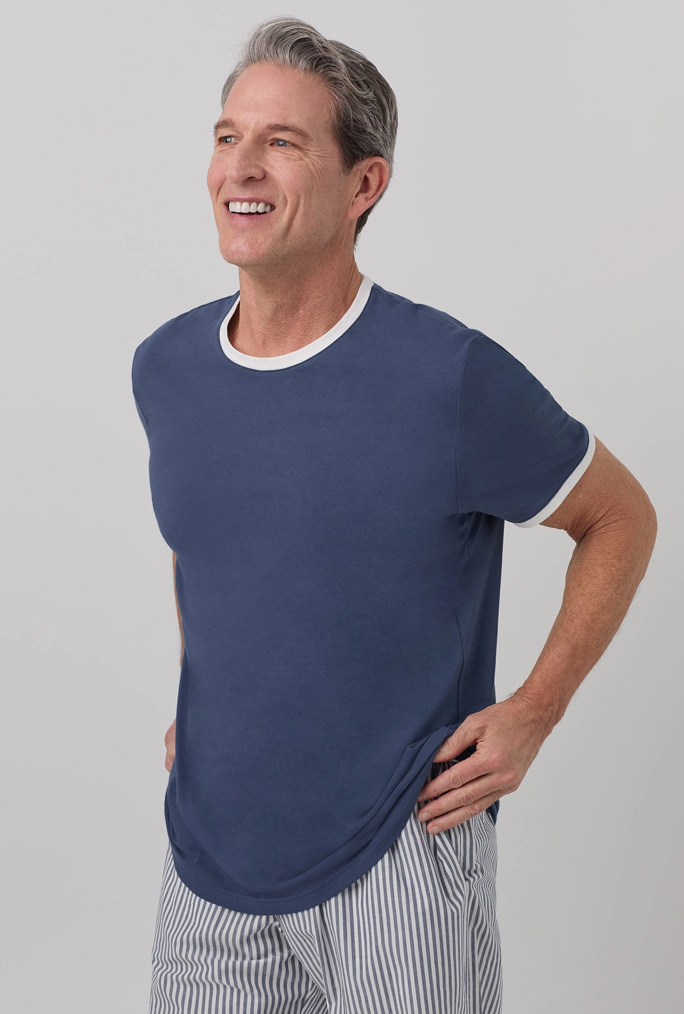 Blue South Shore Stripe Men's Short Sleeve Tee Woven Cotton Poplin PJ Set