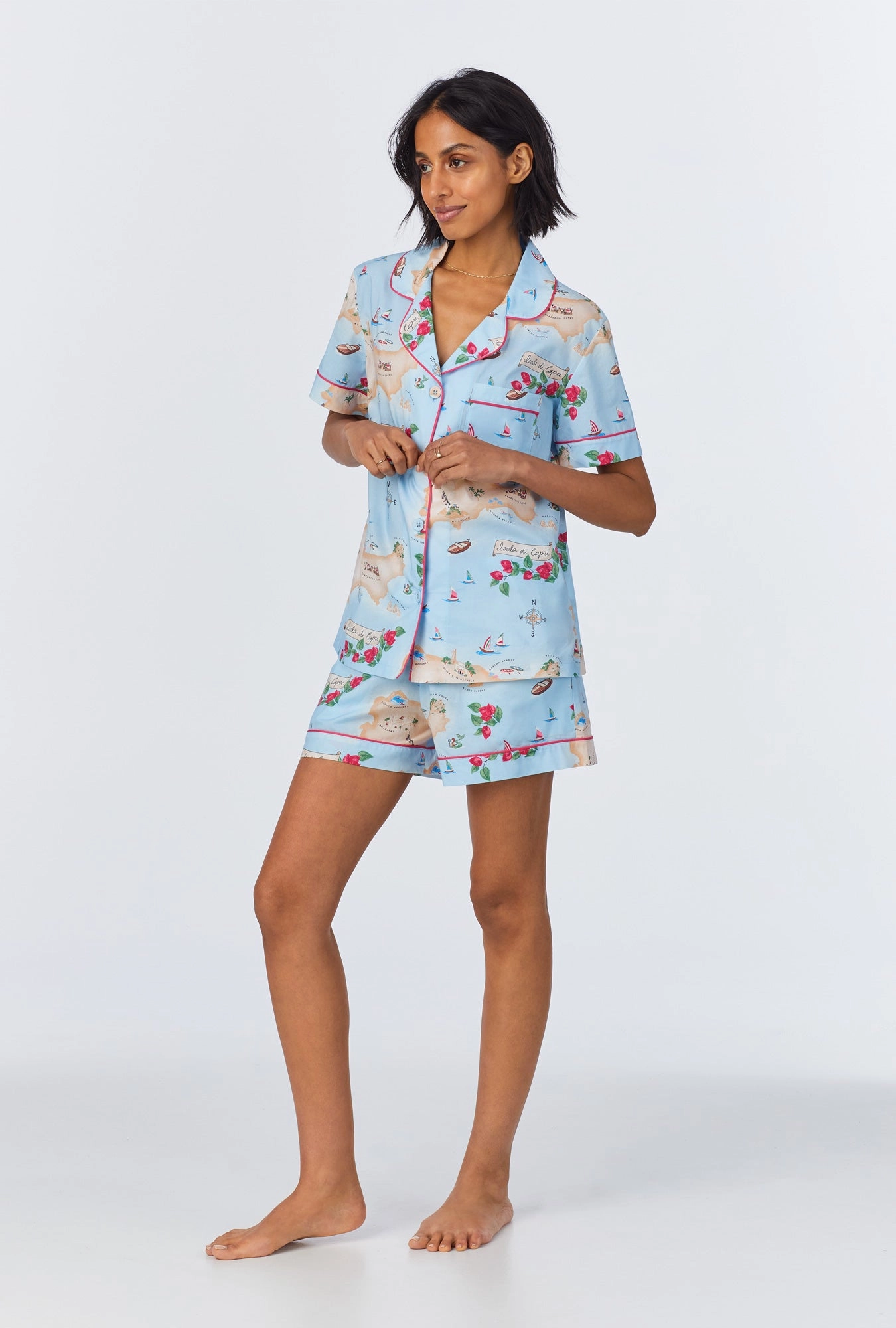 Ciao Capri Short Sleeve Classic Woven Cotton Poplin Shorty PJ Set