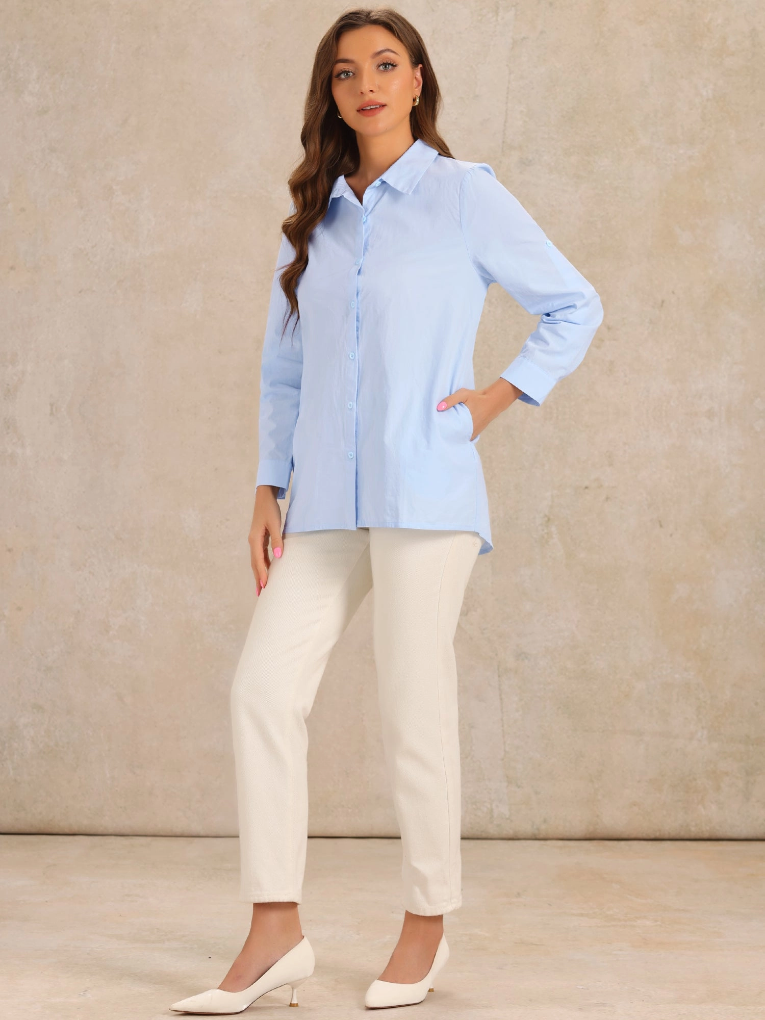 Collar Office Long Sleeve Button Down Cotton Work Shirt