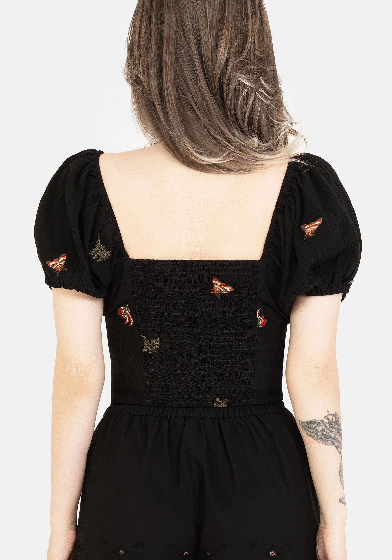 Copia Moth Embroidered Cotton Puff Sleeve Top