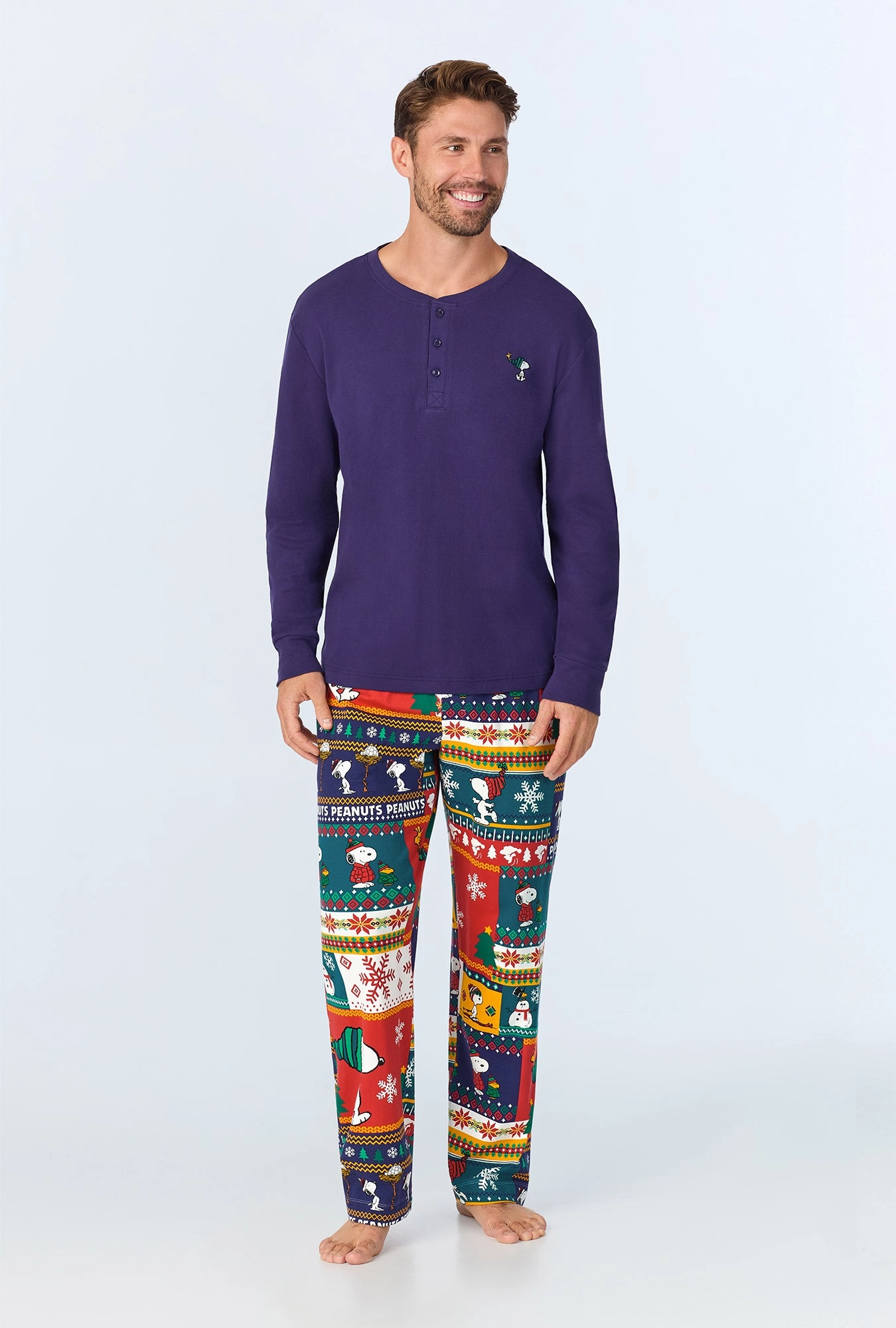 Fairisle Snoopy® Men's Long Sleeve Henley Stretch Jersey PJ Set