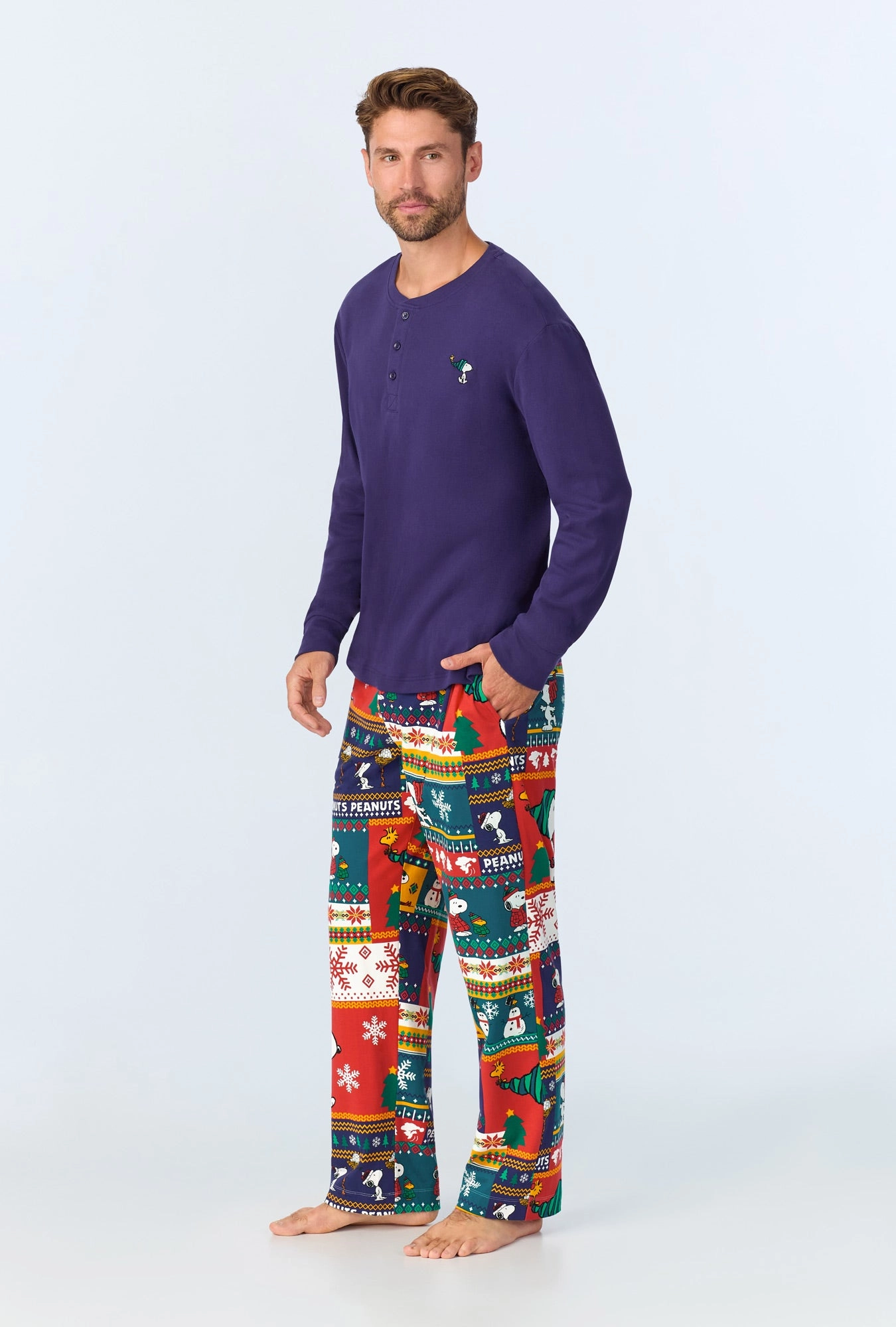 Fairisle Snoopy® Men's Long Sleeve Henley Stretch Jersey PJ Set