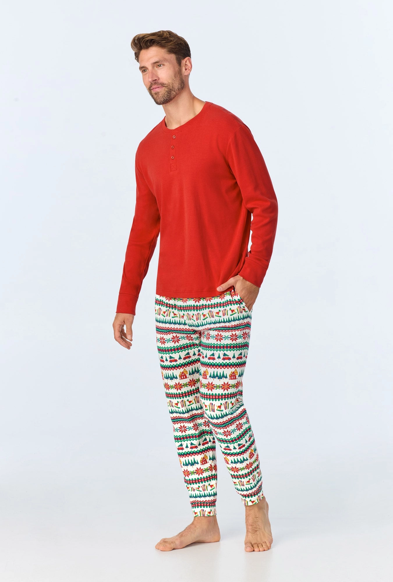 Festive Fairisle Men's Long Sleeve Henley and Jogger Stretch Jersey PJ Set