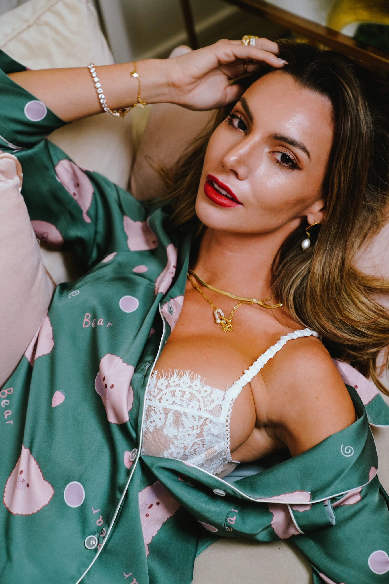 Green Bear Print Silky Satin Pajamas Set