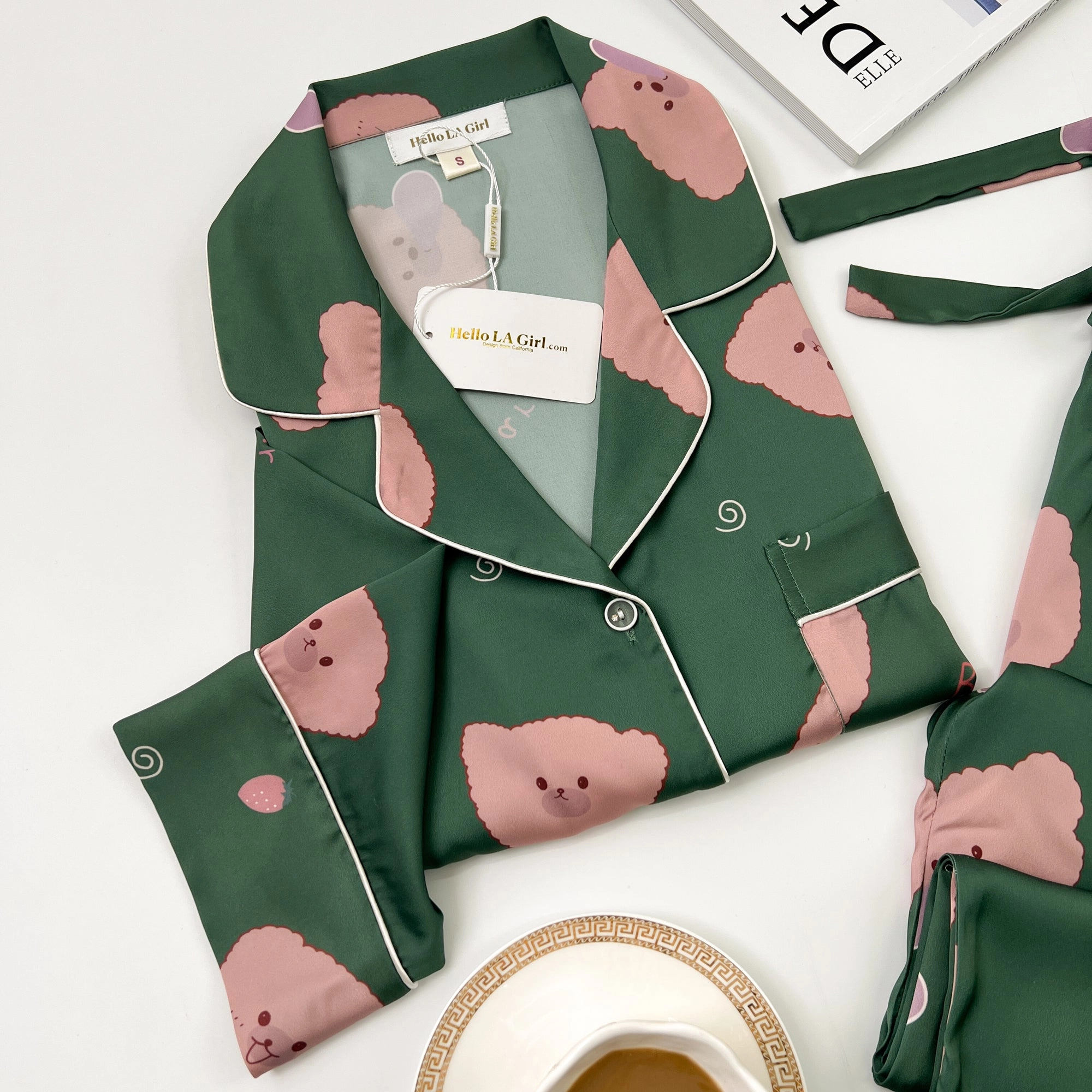 Green Bear Print Silky Satin Pajamas Set