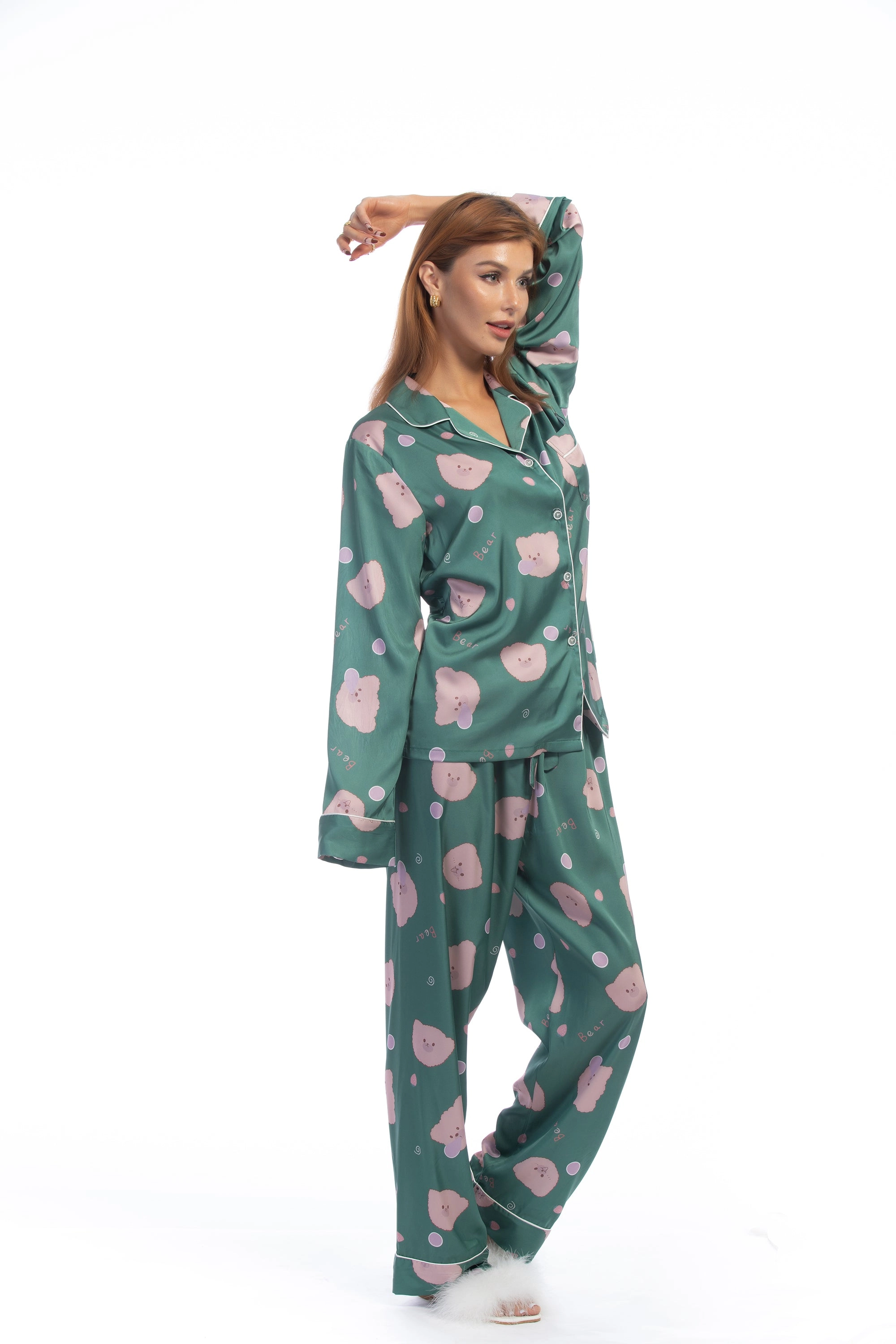 Green Bear Print Silky Satin Pajamas Set