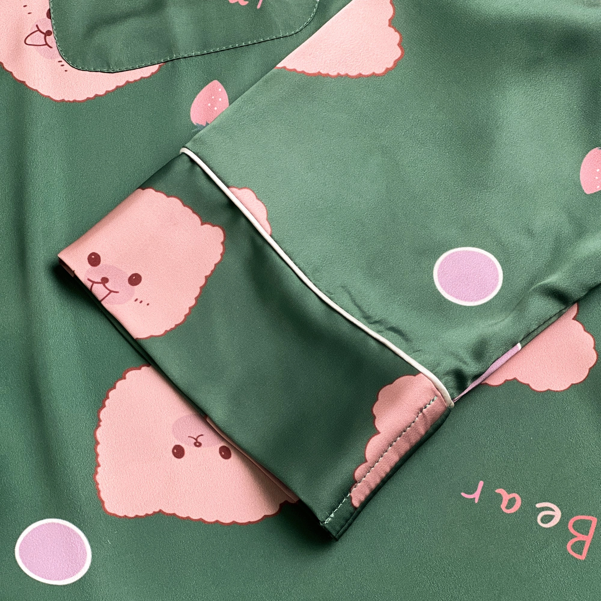 Green Bear Print Silky Satin Pajamas Set