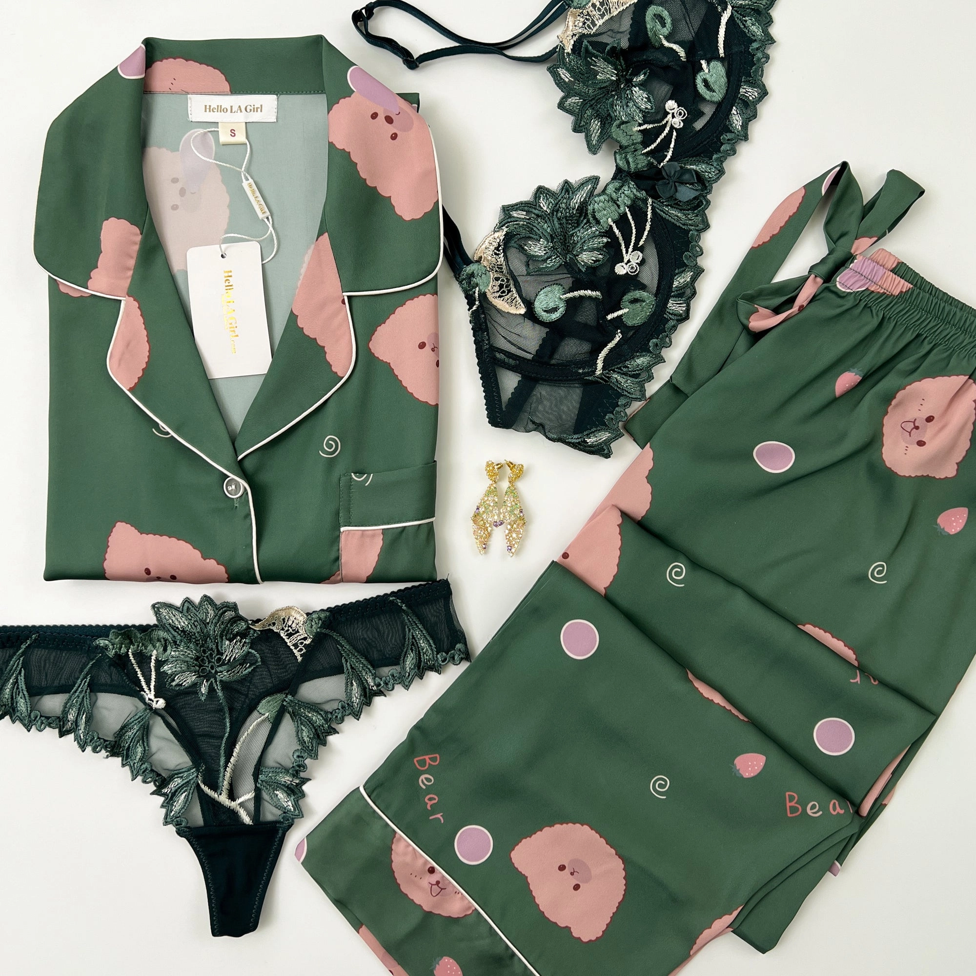 Green Bear Print Silky Satin Pajamas Set