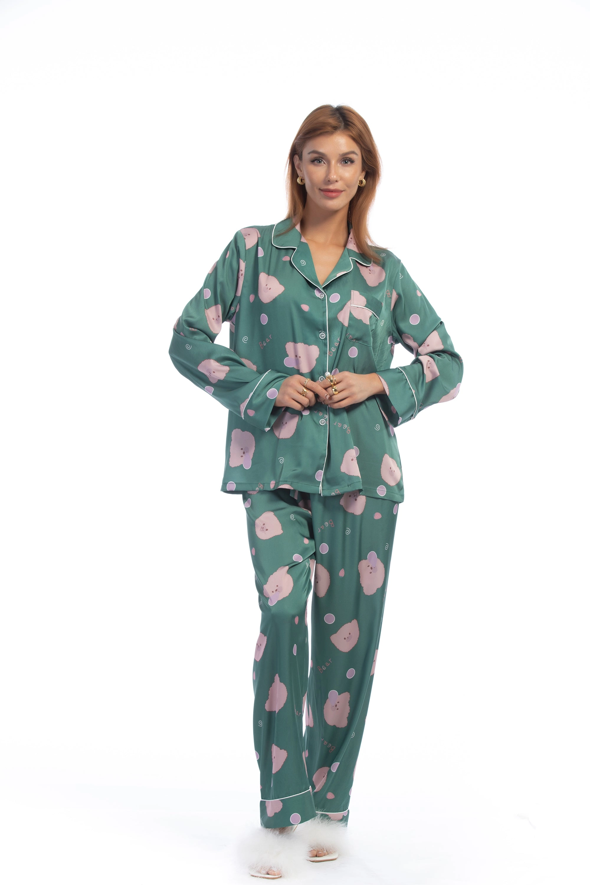 Green Bear Print Silky Satin Pajamas Set