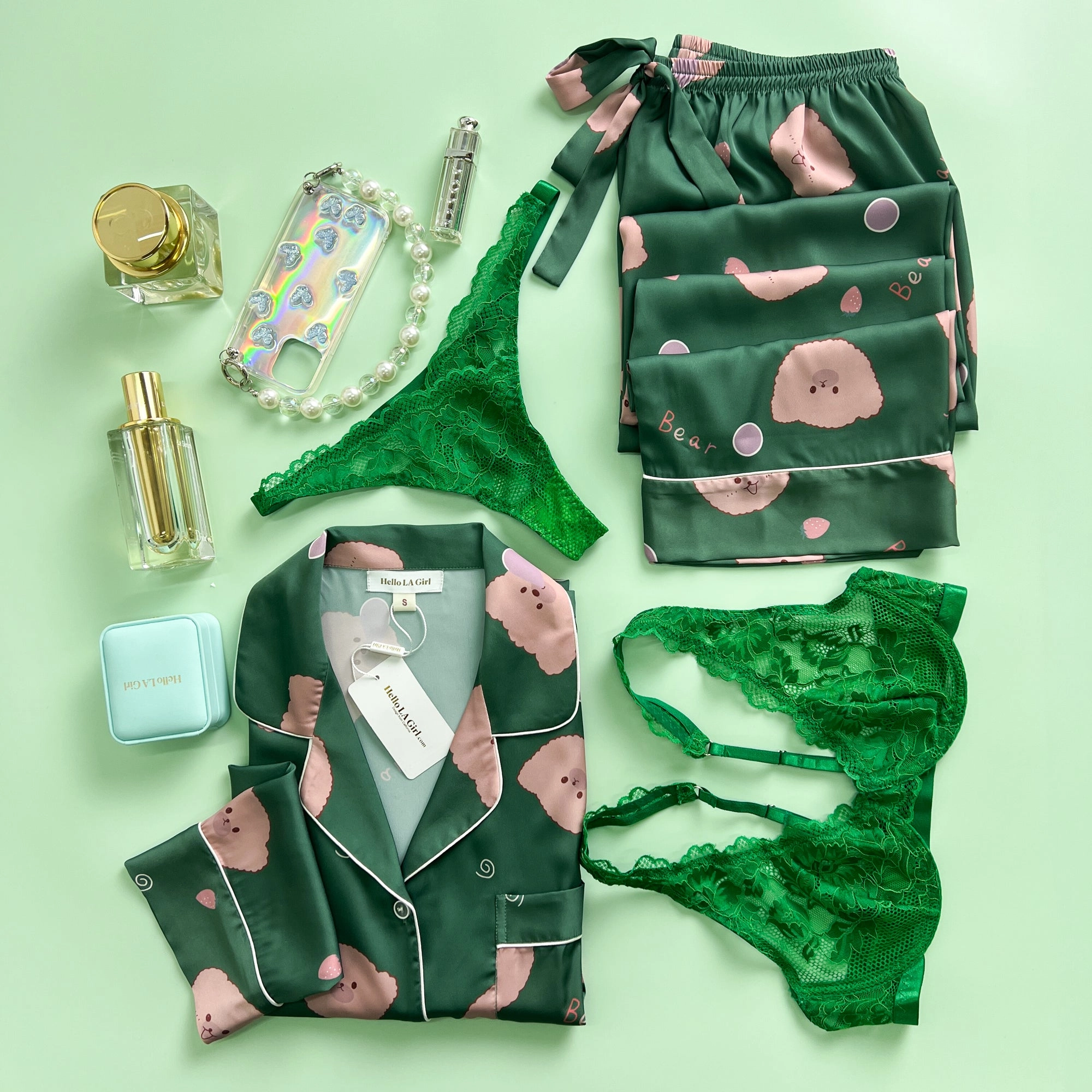 Green Bear Print Silky Satin Pajamas Set