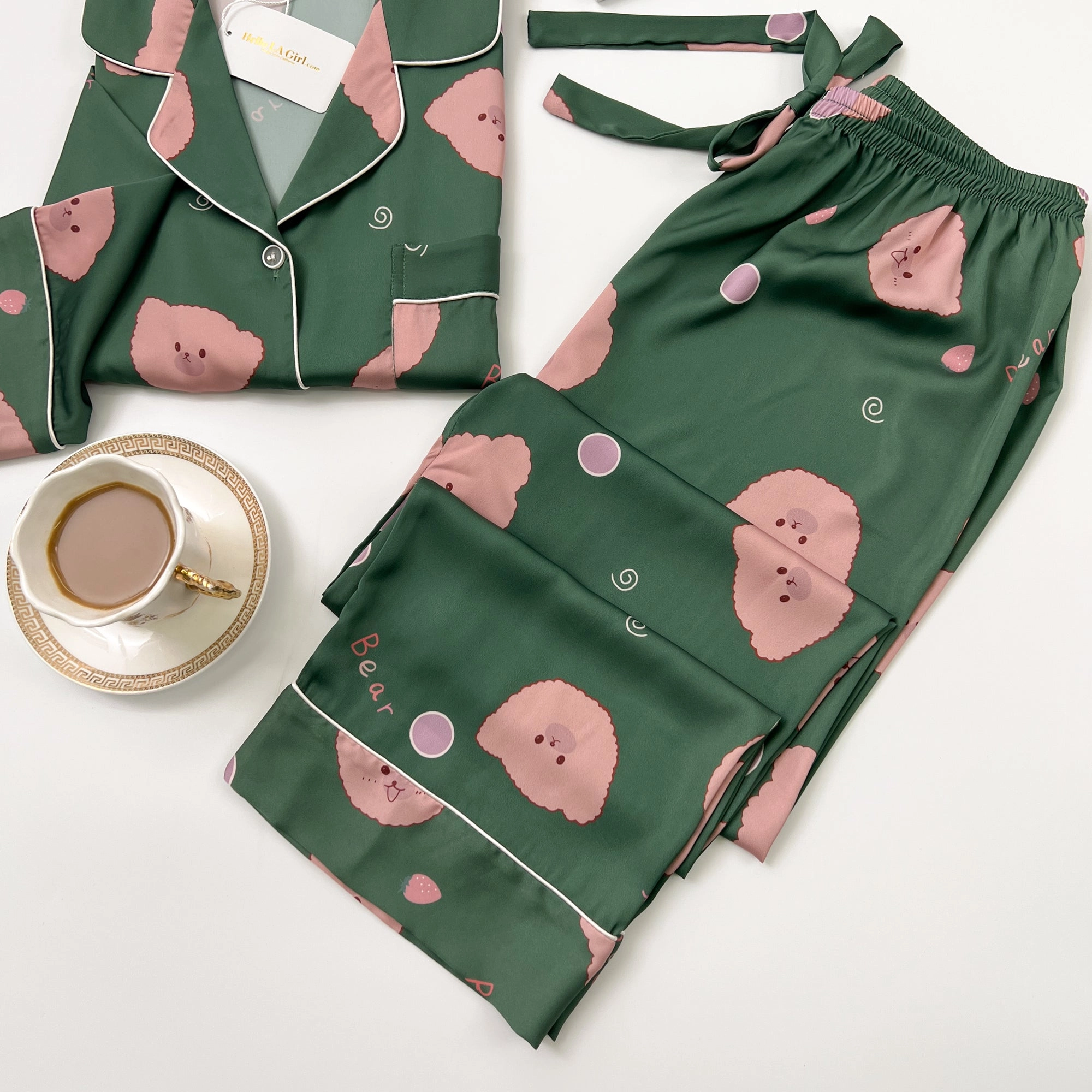 Green Bear Print Silky Satin Pajamas Set