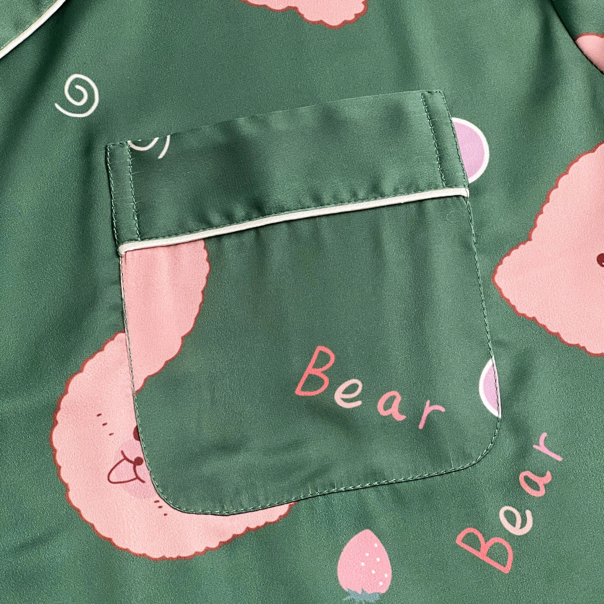 Green Bear Print Silky Satin Pajamas Set