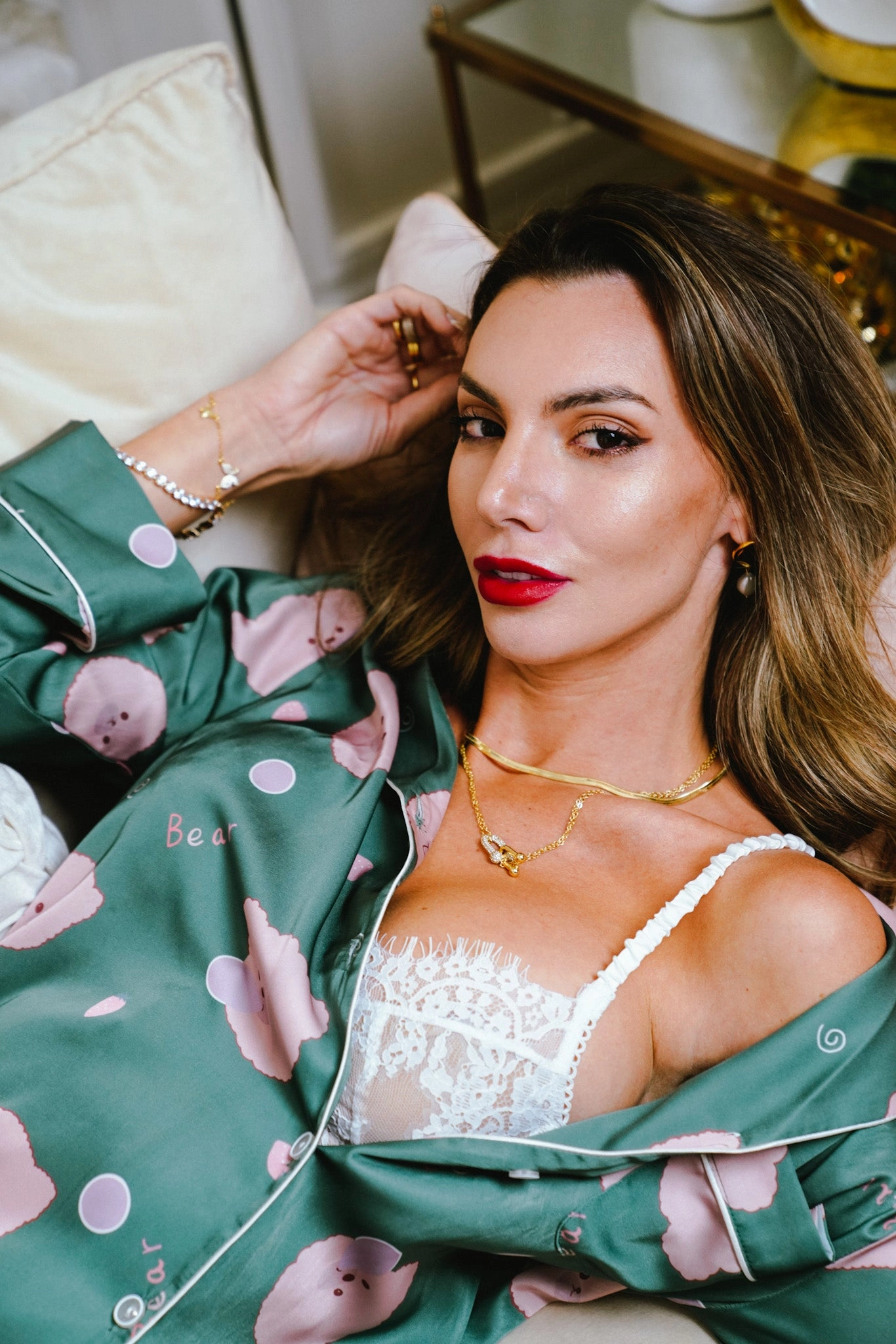 Green Bear Print Silky Satin Pajamas Set