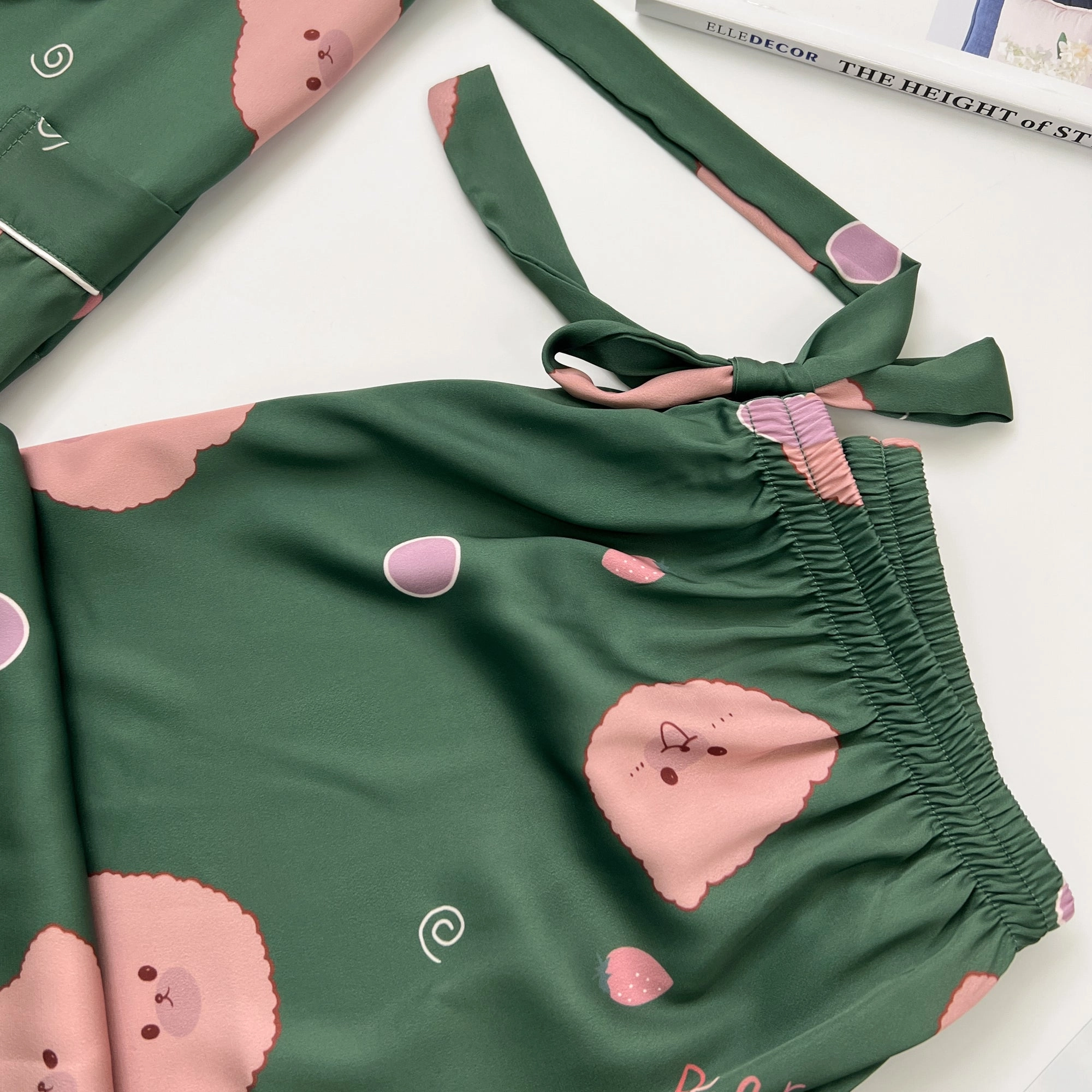 Green Bear Print Silky Satin Pajamas Set