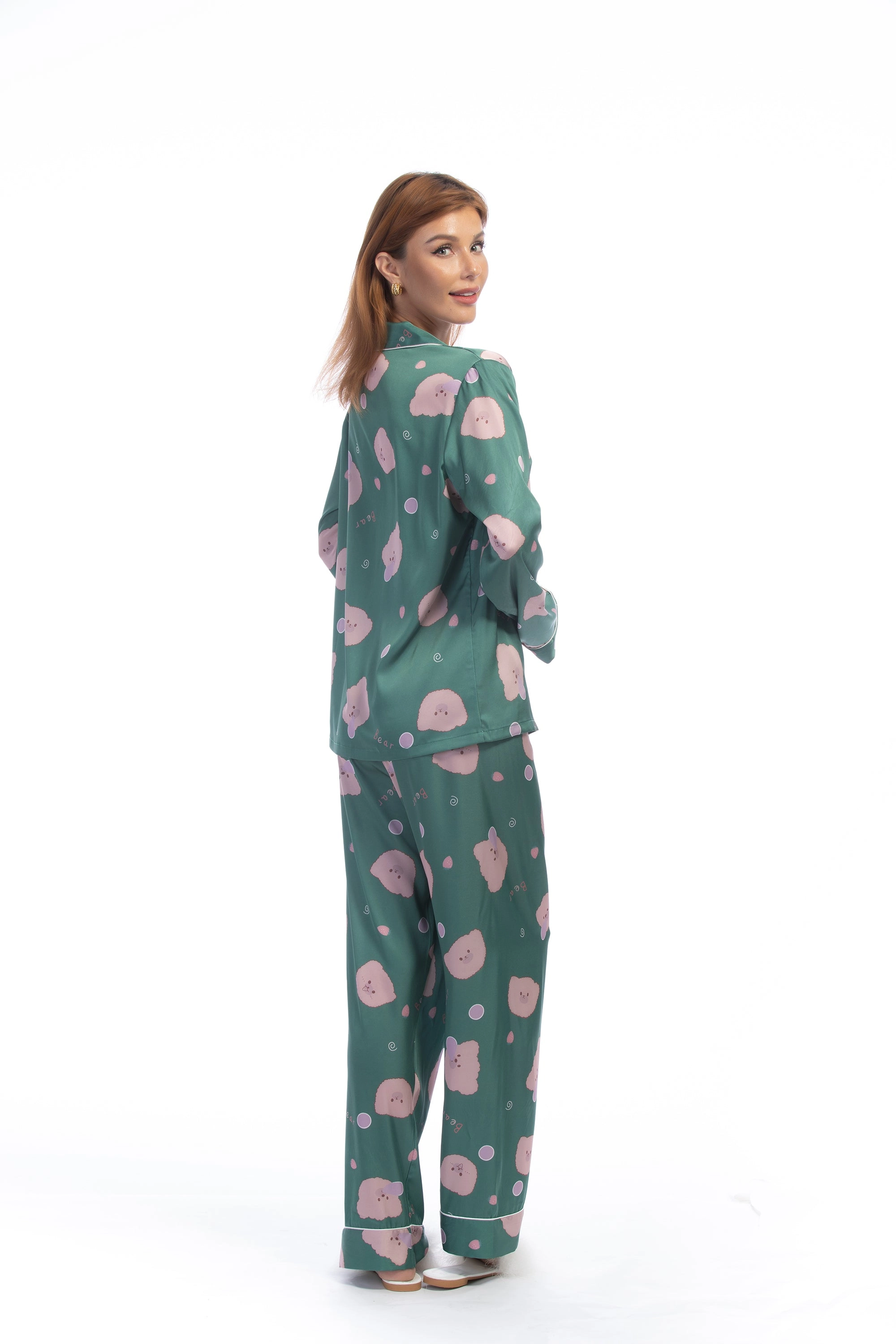 Green Bear Print Silky Satin Pajamas Set