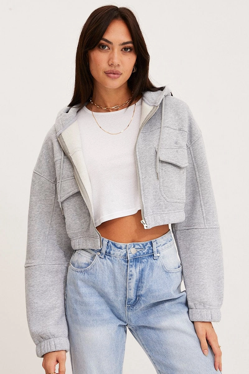 Grey Zip Front Hoodie Long Sleeve