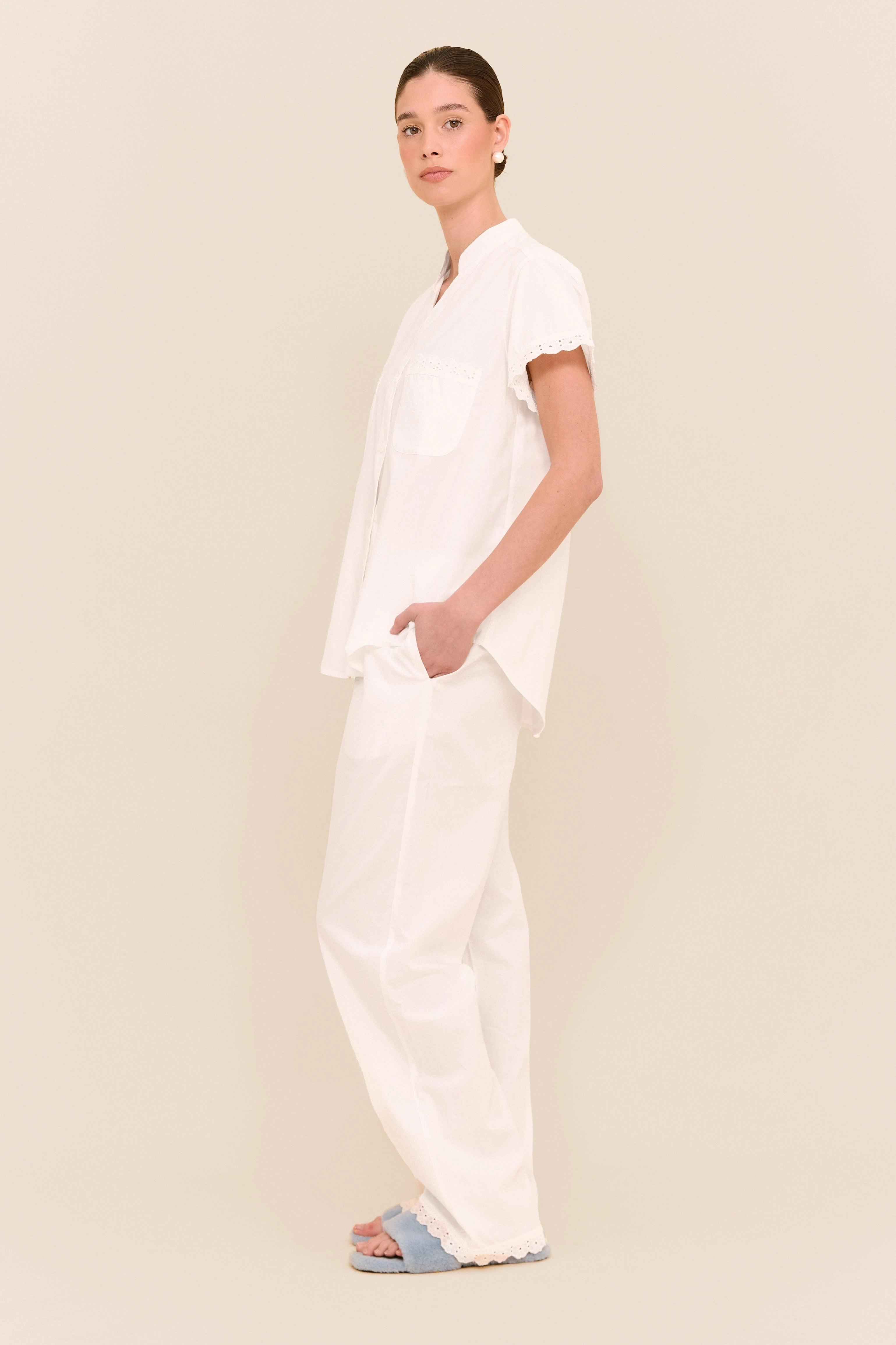 Maggie Pyjama Set - Long Pants - Off White Cotton Modal   Trim