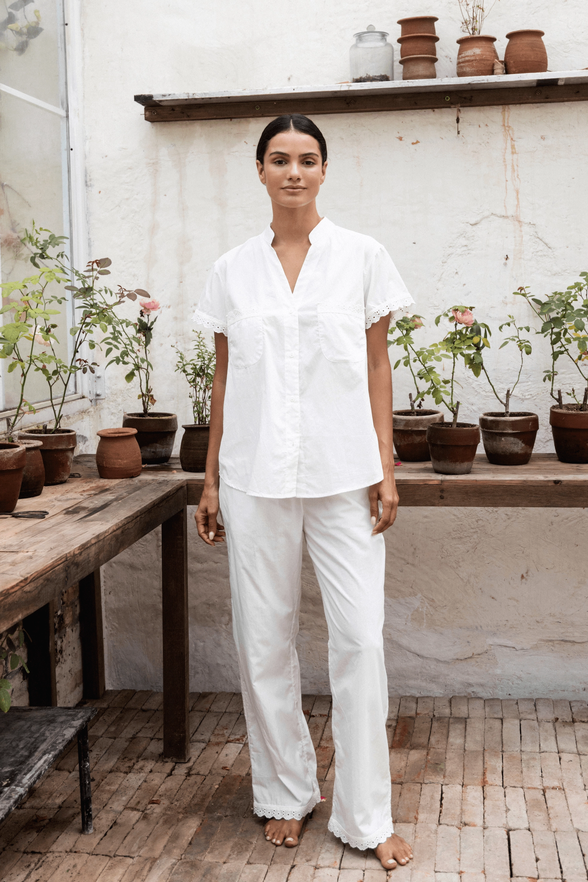 Maggie Pyjama Set - Long Pants - Off White Cotton Modal   Trim