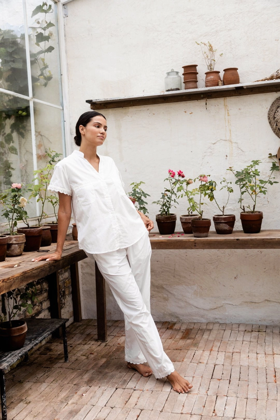 Maggie Pyjama Set - Long Pants - Off White Cotton Modal   Trim