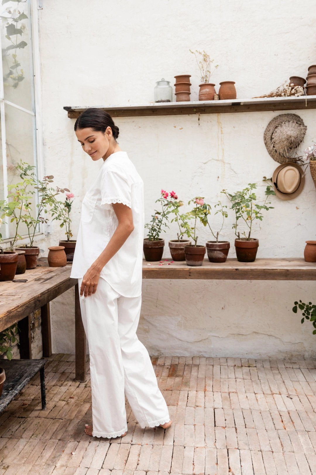 Maggie Pyjama Set - Long Pants - Off White Cotton Modal   Trim