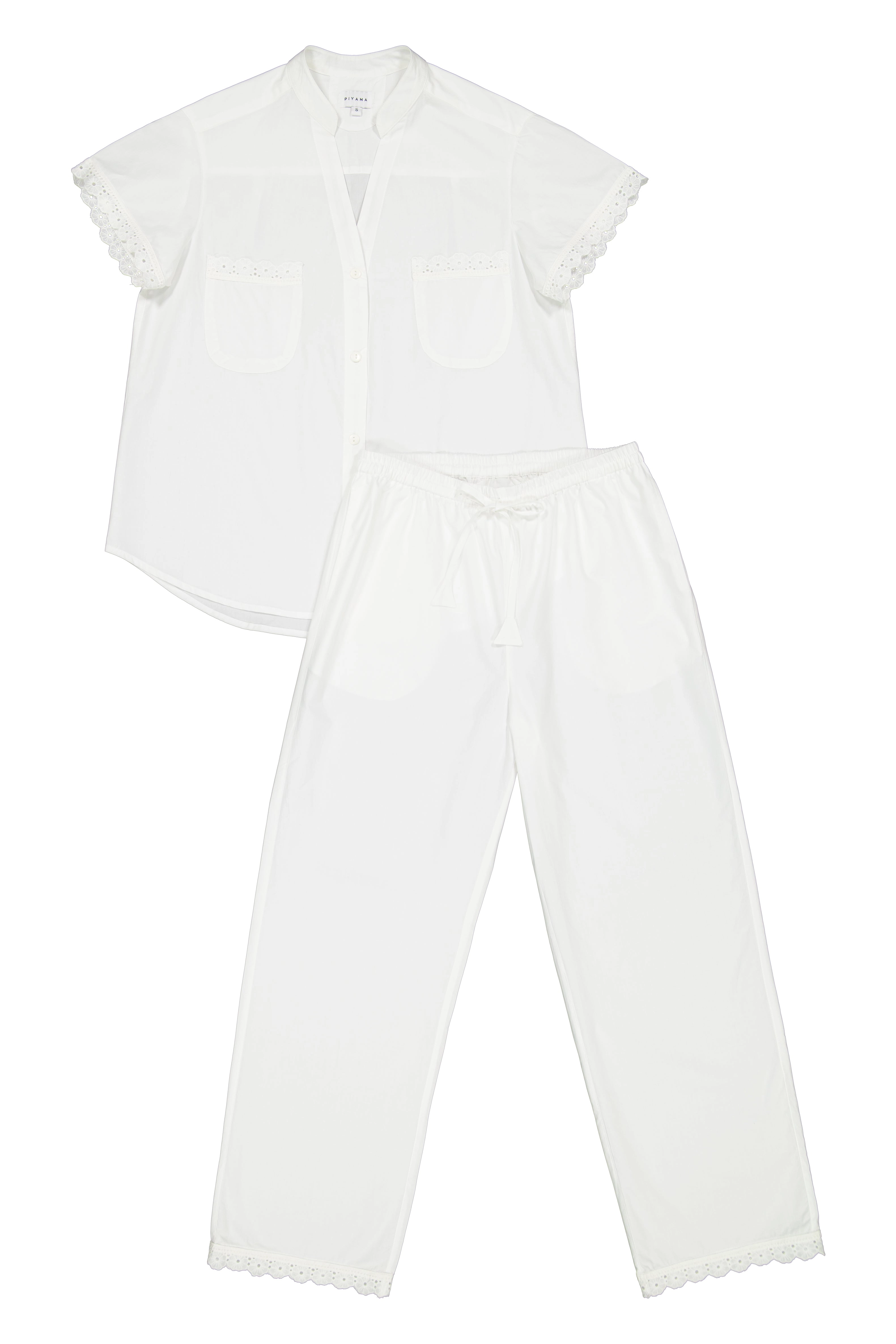 Maggie Pyjama Set - Long Pants - Off White Cotton Modal   Trim