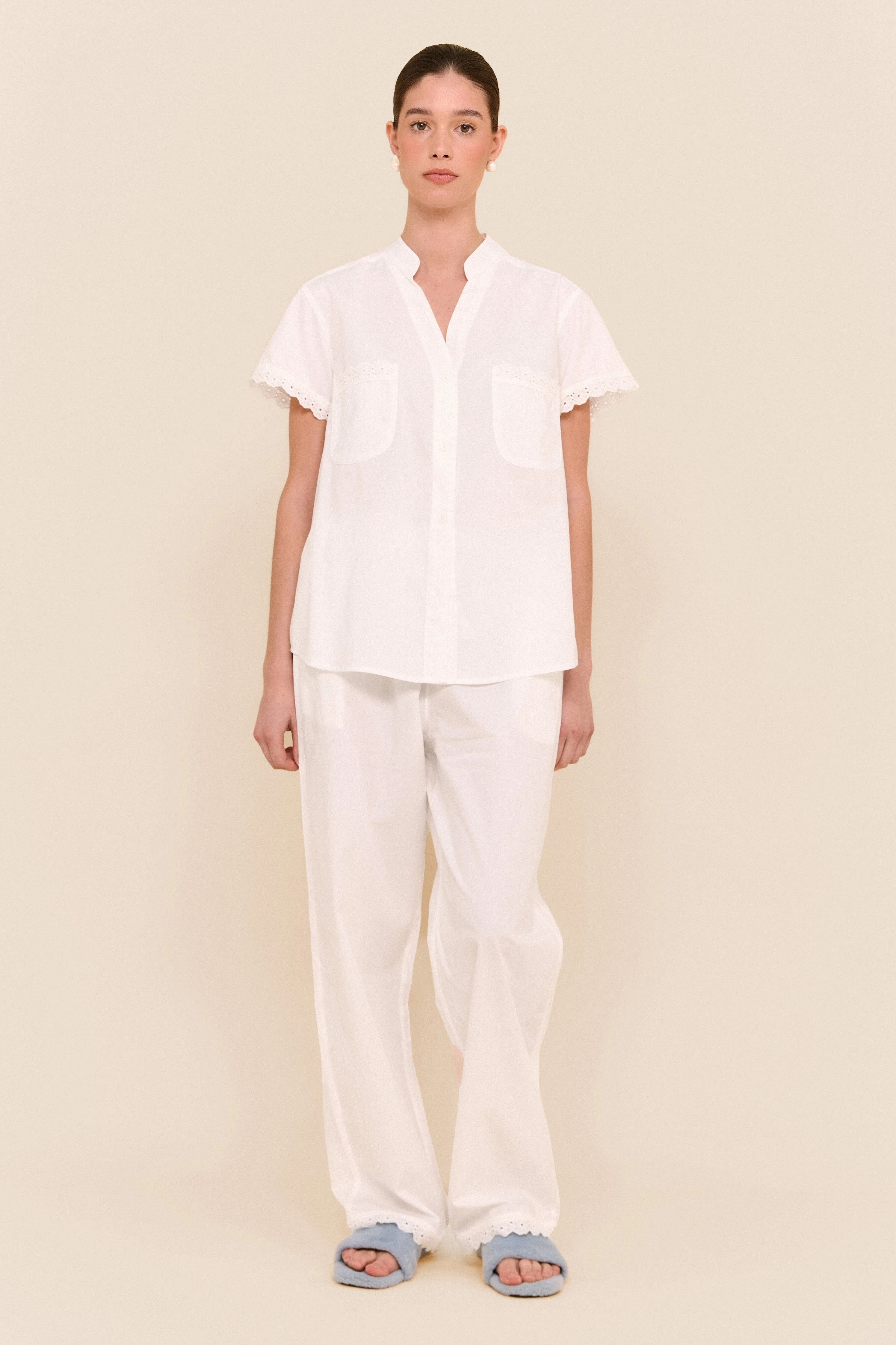 Maggie Pyjama Set - Long Pants - Off White Cotton Modal   Trim