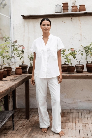 Maggie Pyjama Set - Long Pants - Off White Cotton Modal   Trim