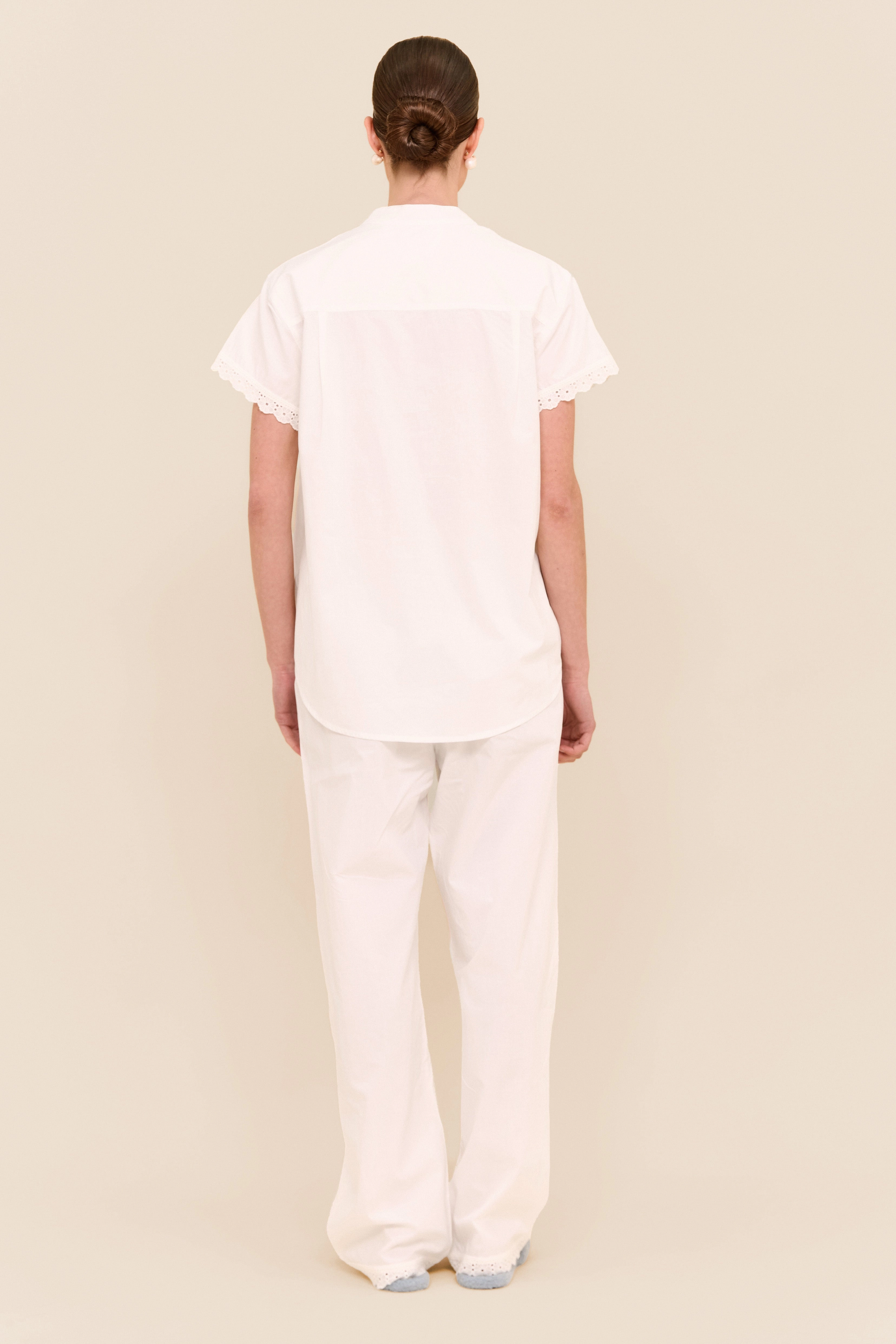Maggie Pyjama Set - Long Pants - Off White Cotton Modal   Trim