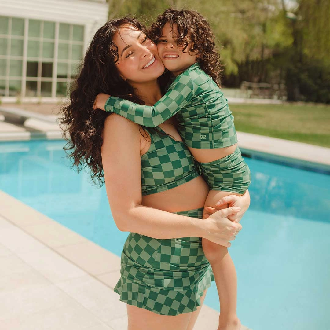 Mini Rash Guard and Shorts Set, Green Check