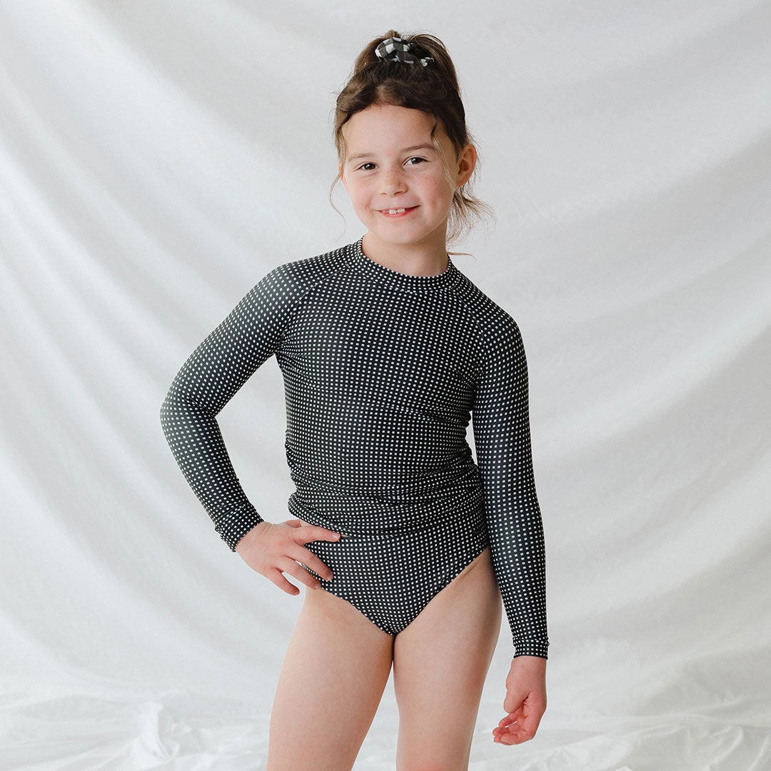 Mini Rash Guard Two-Piece Set, Black Checkers