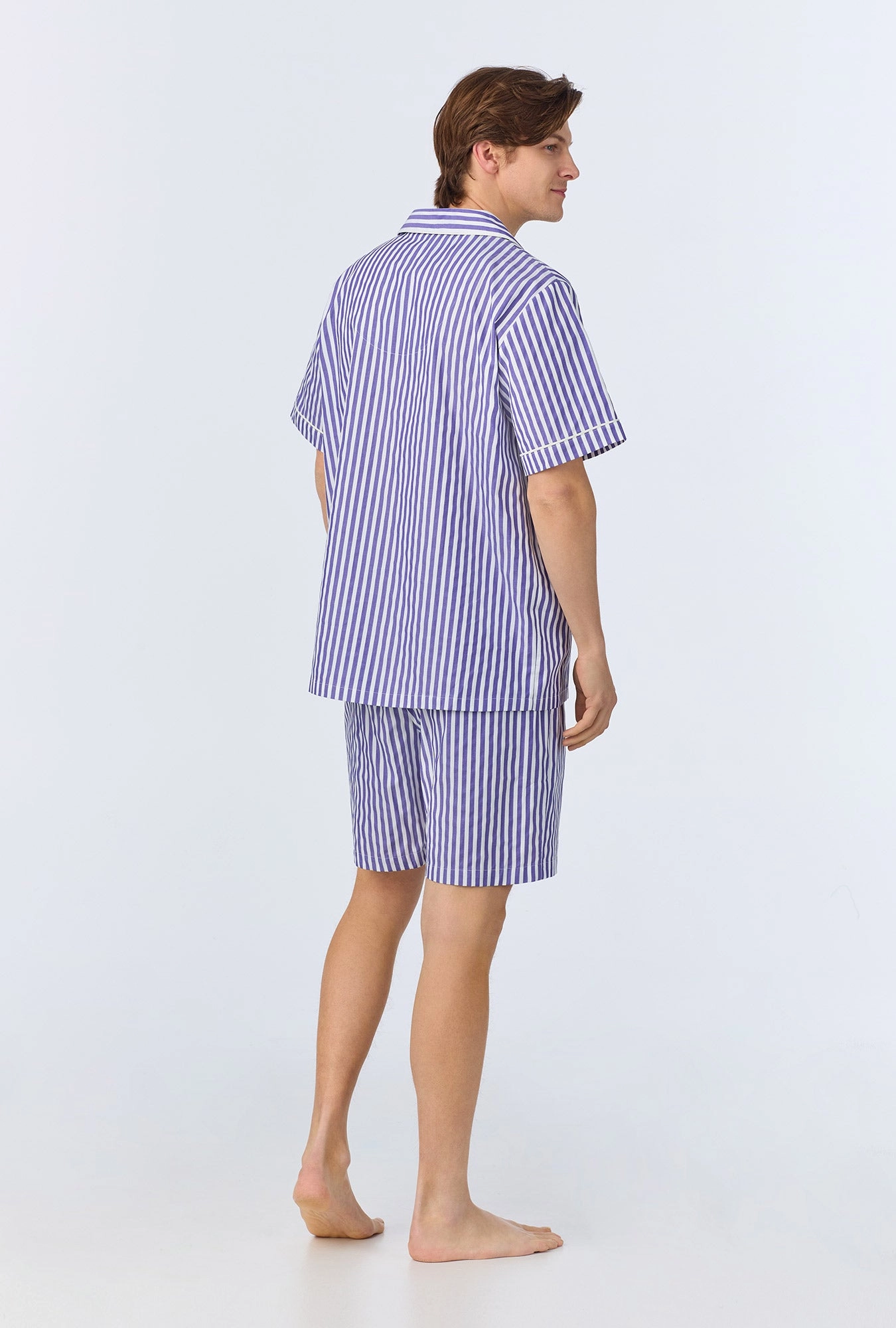 Navy 3D Stripe Men's Short Sleeve Notch Woven Cotton Sateen Boxer PJ Set