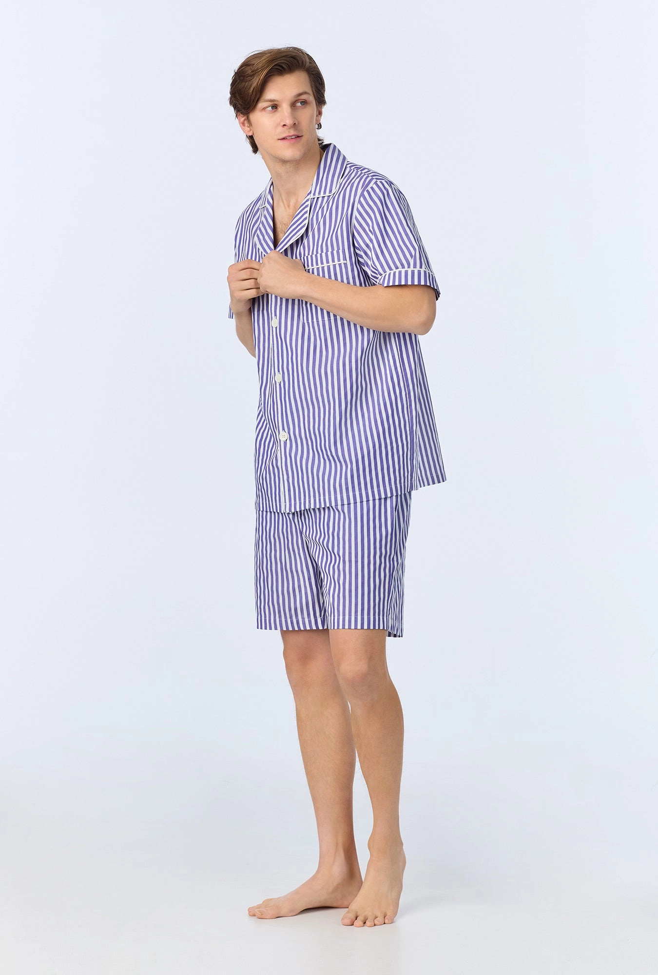 Navy 3D Stripe Men's Short Sleeve Notch Woven Cotton Sateen Boxer PJ Set