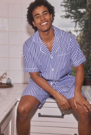 Navy 3D Stripe Men's Short Sleeve Notch Woven Cotton Sateen Boxer PJ Set