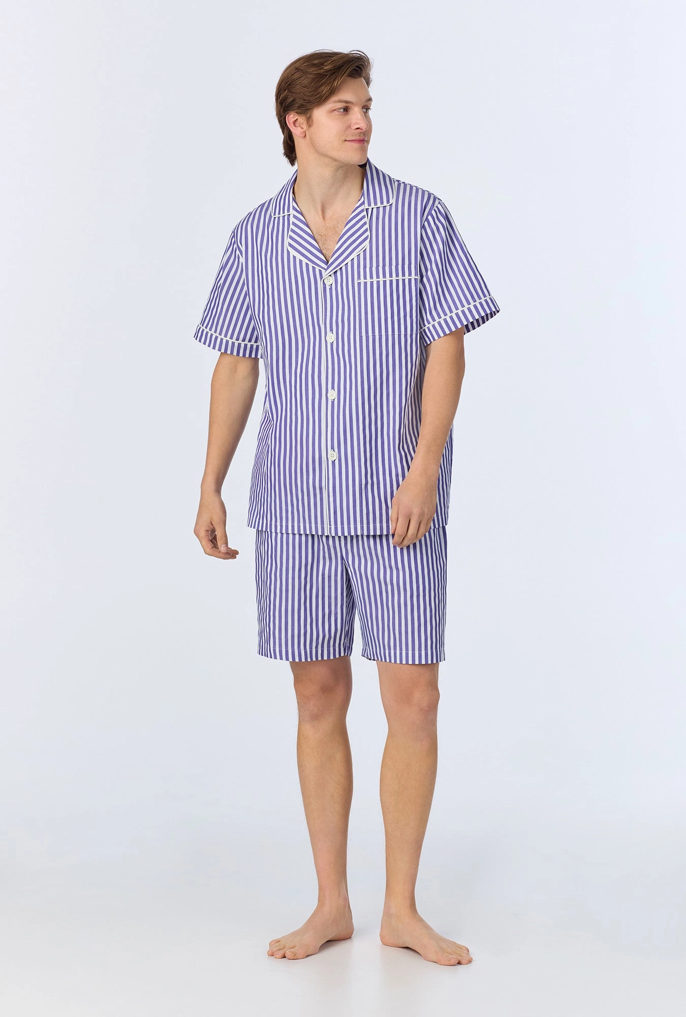 Navy 3D Stripe Men's Short Sleeve Notch Woven Cotton Sateen Boxer PJ Set
