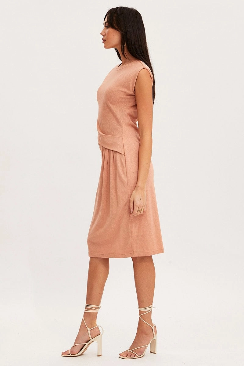 Orange Midi Dress Short Sleeve Round Neck