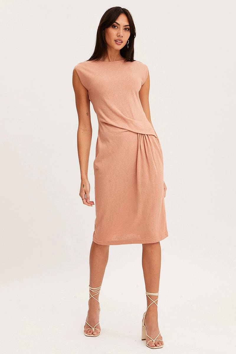 Orange Midi Dress Short Sleeve Round Neck
