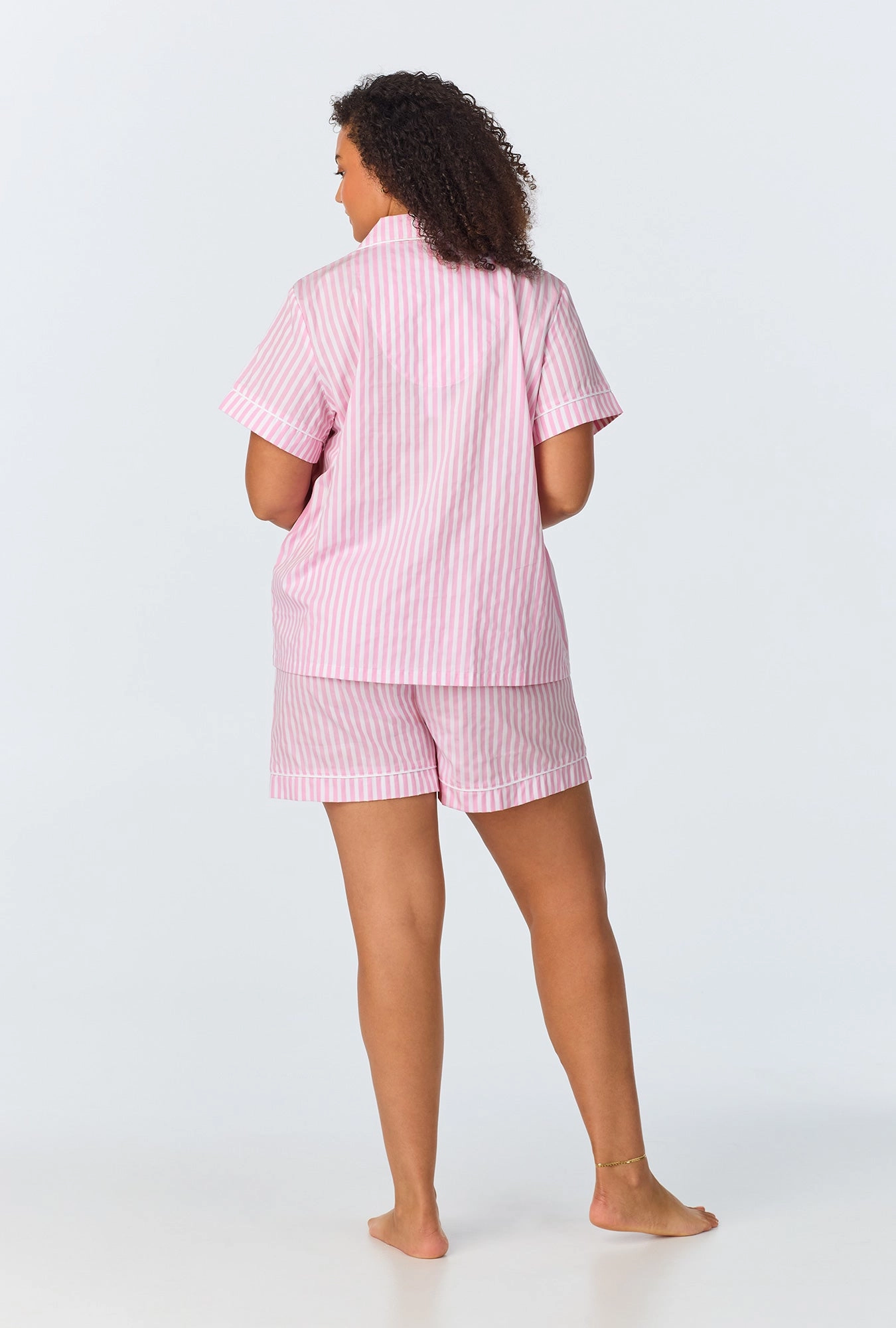 Pink 3D Stripe Short Sleeve Classic Shorty Woven Cotton Sateen PJ Set
