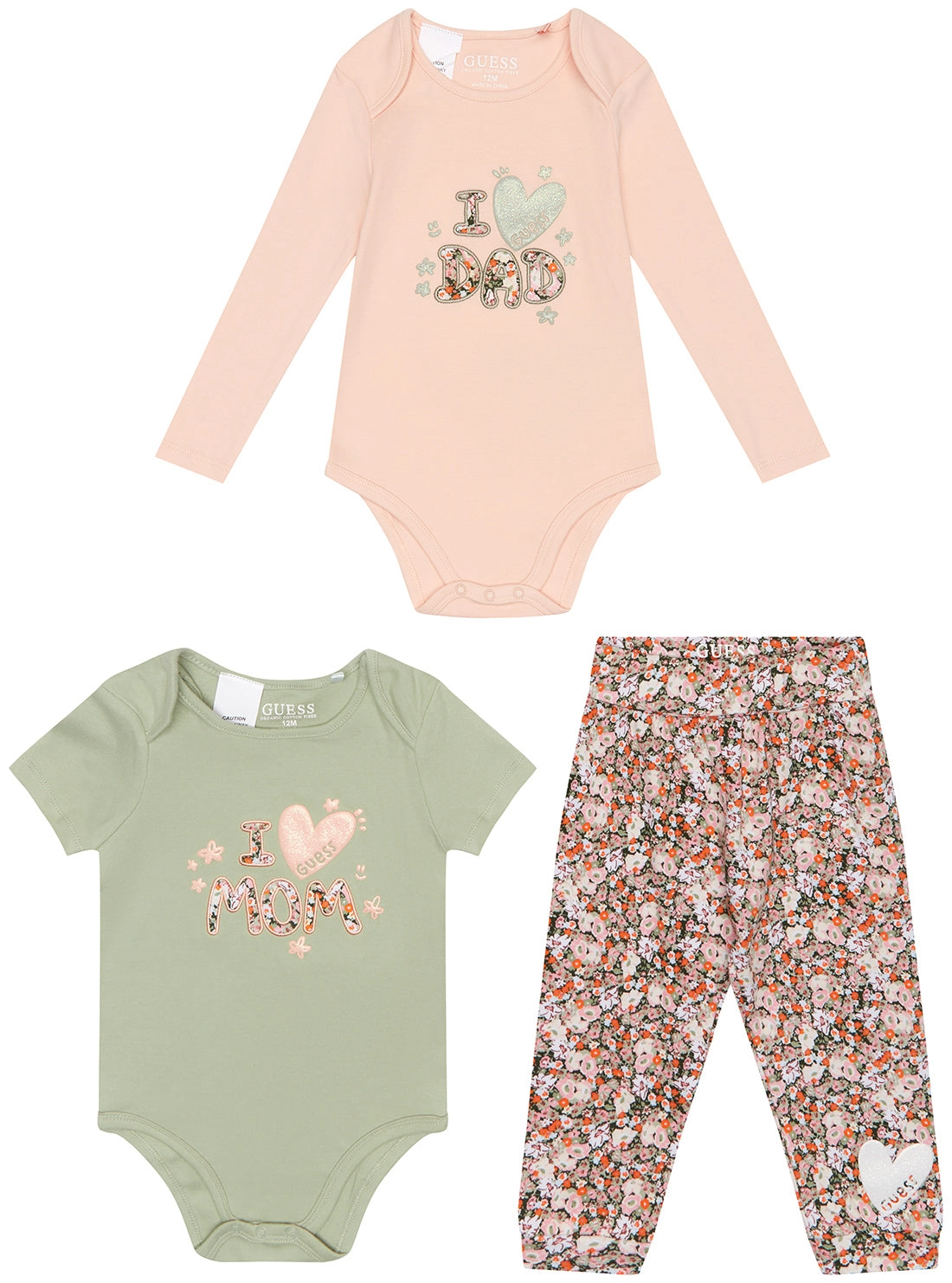 Pink and Green "I Love" Onesie and Print Pant Set (0-12M)